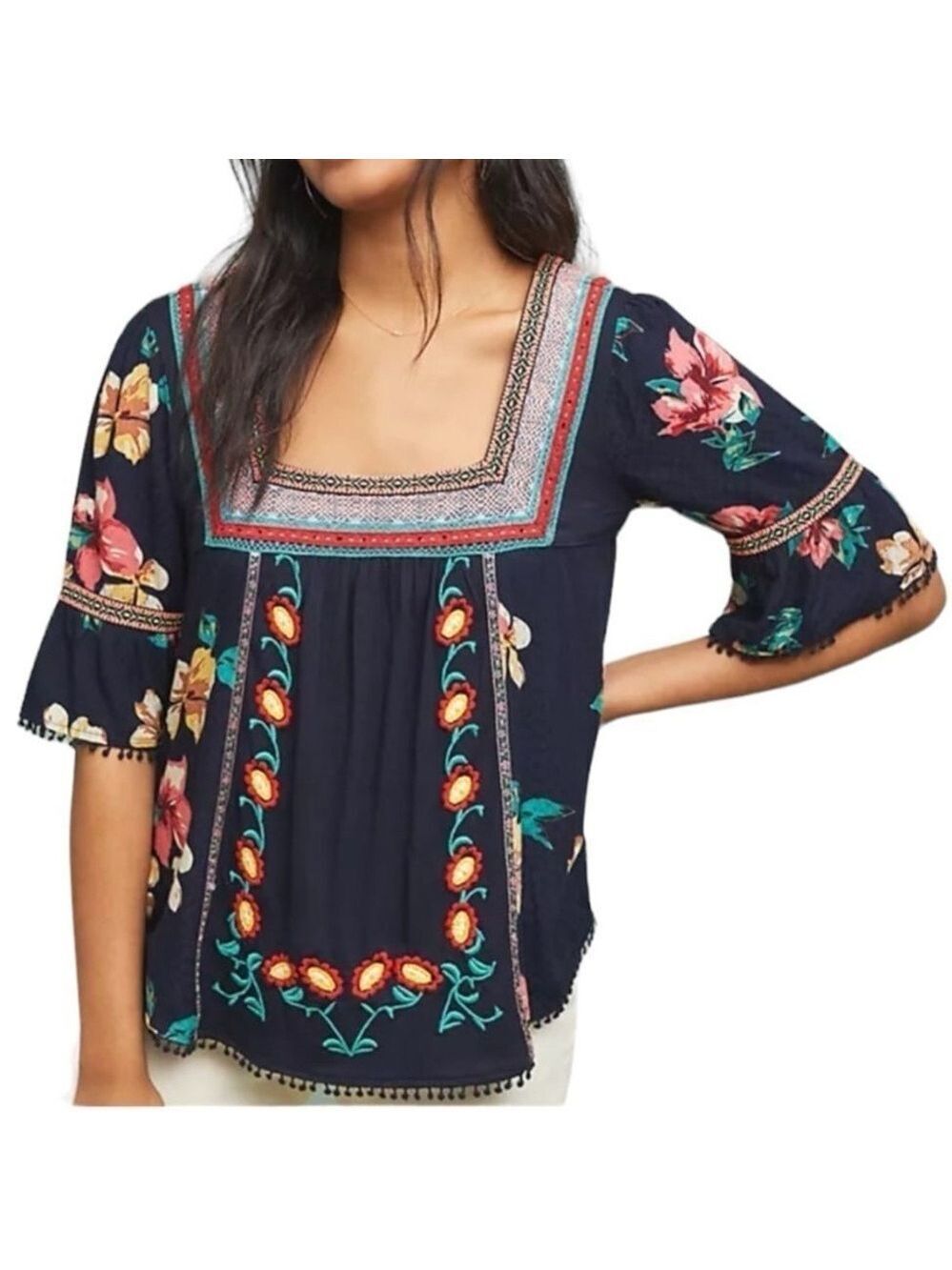 By Anthropologie Womens Dakota Floral Embroidered Square Neck Fringe Navy XS